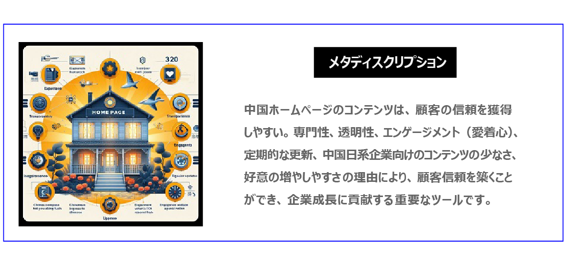 中国　ホームページ制作、中国　コンテンツマーケティング 。 中国ホームページのコンテンツは、顧客の信頼を獲得しやすい。専門性、透明性、エンゲージメント（愛着心）、定期的な更新、中国日系企業向けのコンテンツの少なさ、好意の増やしやすさの理由により、顧客信頼を築くことができ、企業成長に貢献する重要なツールです。