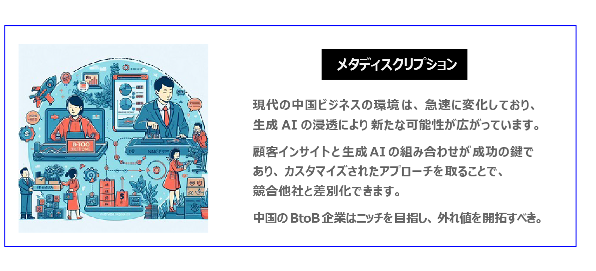 中国　ホームページ制作、中国　コンテンツマーケティング。 現代の中国ビジネスの環境は、急速に変化しており、生成AIの浸透により新たな可能性が広がっています。顧客インサイトと生成AIの組み合わせが成功の鍵で あり、カスタマイズされたアプローチを取ることで、競合他社と差別化できます。中国のBtoB企業はニッチを目指し、外れ値を開拓すべき。