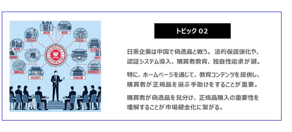 中国　ホームページ制作、中国　コンテンツマーケティング。 日系企業は中国で偽造品と戦う。法的保護強化や、認証システム導入、購買者教育、独自性追求が鍵。特に、ホームページを通じて、教育コンテンツを提供し、購買者が正規品を選ぶ手助けをすることが重要。購買者が偽造品を見分け、正規品購入の重要性を理解することが市場健全化に繋がる。