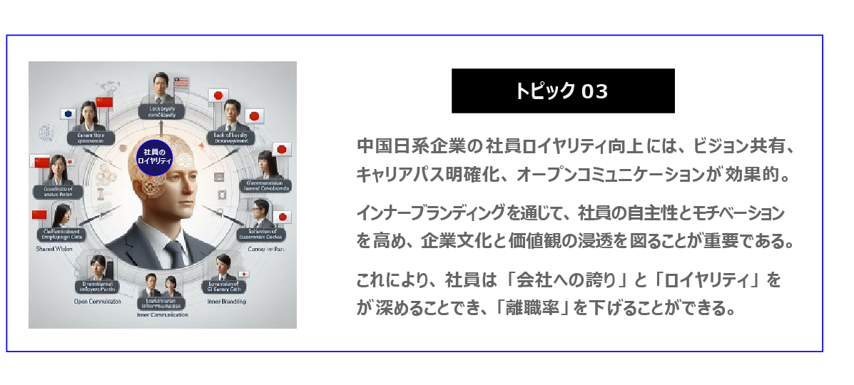 中国　ホームページ制作、中国　コンテンツマーケティング。 中国日系企業の社員ロイヤリティ向上には、共通ビジョン共有、キャリアパス明確化、オープンコミュニケーションが効果的。インナーブランディングと情報発信を通じて、社員の自主性とモチベーションを高め、企業文化と価値観の浸透を図ることが重要である。これにより、社員は会社への誇りとロイヤリティを深めることができる。