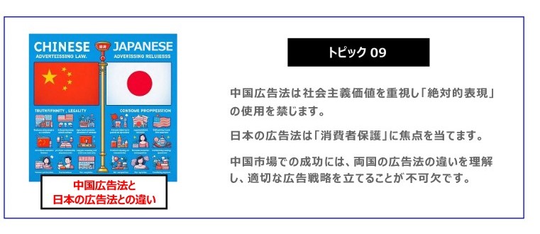中国　ホームページ制作、中国　コンテンツマーケティング、中国　オウンドメディア。 中国広告法は社会主義価値を重視し「絶対的表現」の使用を禁じます。日本の広告法は「消費者保護」に焦点を当てます。中国市場での成功には、両国の広告法の違いを理解し、適切な広告戦略を立てることが不可欠です。