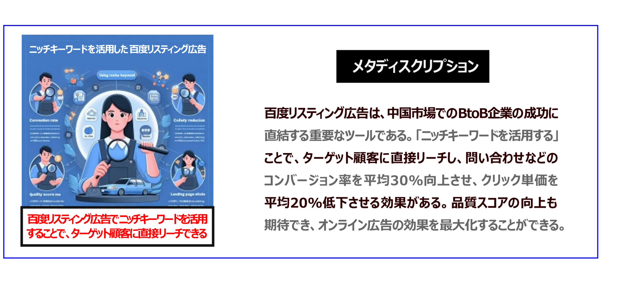 中国　ホームページ制作、中国　コンテンツマーケティング、中国　オウンドメディア。 百度のリスティング広告は、中国市場でのBtoB企業の成功に直結する重要なツールである。「ニッチキーワードを活用」することで、ターゲット顧客に直接リーチし、問い合わせなどのコンバージョン率を平均30%向上させ、クリック単価を平均20%低下させる効果がある。品質スコアの向上も期待でき、オンライン広告の効果を最大化することができる。