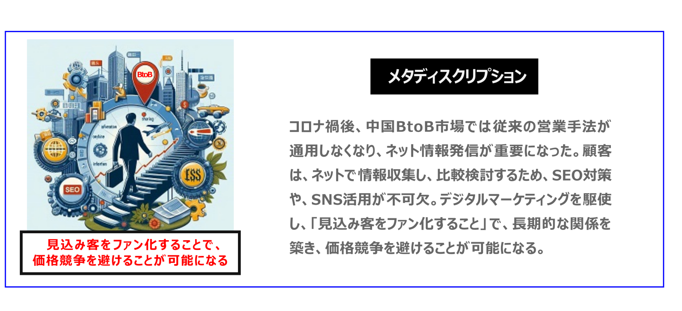 中国　ホームページ制作、中国　コンテンツマーケティング、中国　オウンドメディア。コロナ禍後、中国BtoB市場では従来の営業手法が通用しなくなり、ネット情報発信が重要になった。顧客は、ネットで情報収集し、比較検討するため、SEO対策やSNS活用が不可欠。デジタルマーケティングを駆使し、「見込み客をファン化すること」で、長期的な関係を築き、価格競争を避けることが可能になる。