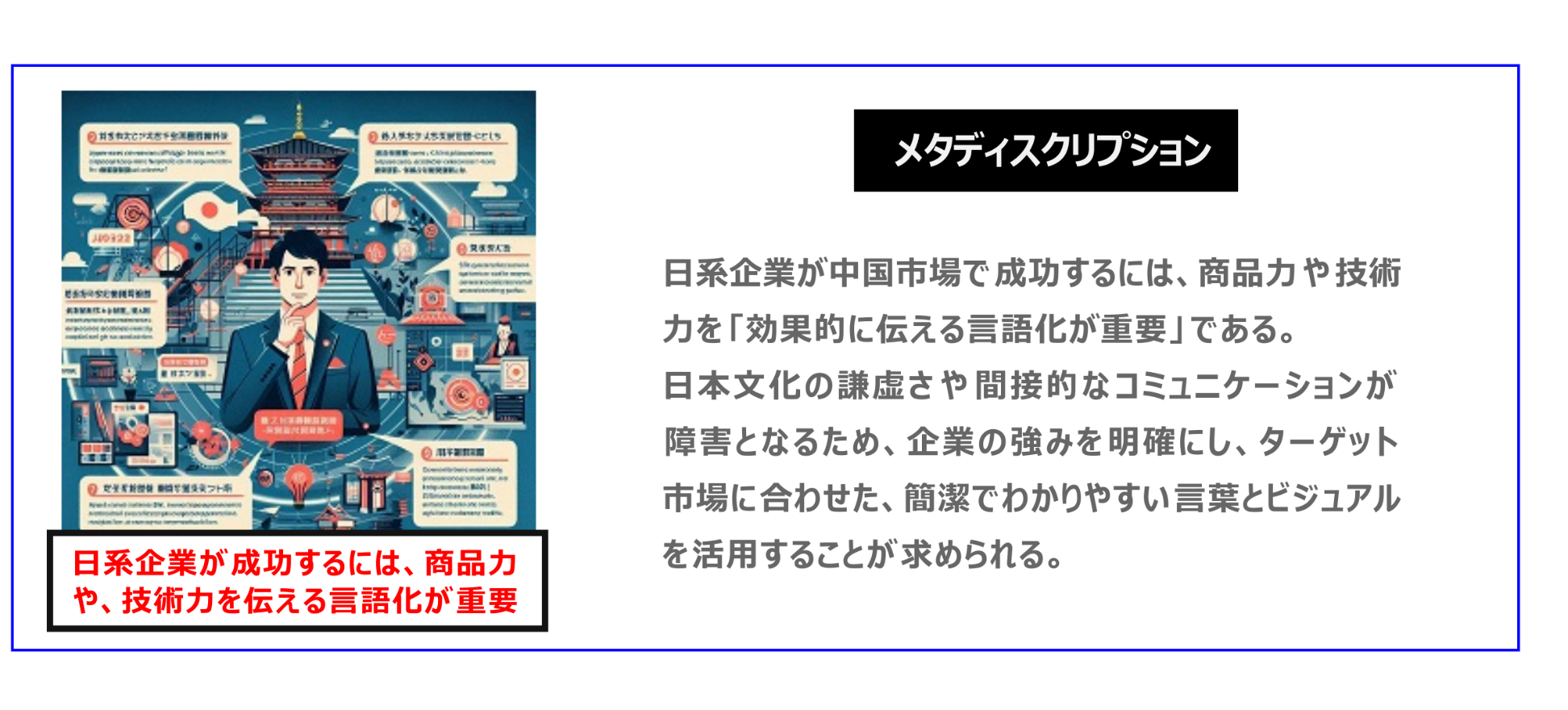 中国　ホームページ制作、中国　コンテンツマーケティング、中国　オウンドメディア。日系企業が中国市場で成功するには、商品力や技術力を「効果的に伝える言語化が重要」である。日本文化の謙虚さや間接的なコミュニケーションが障害となるため、企業の強みを明確にし、ターゲット市場に合わせた、簡潔でわかりやすい言葉とビジュアルを活用することが求められる。