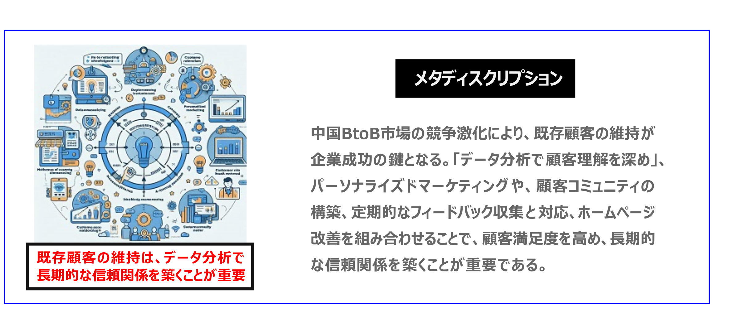 中国　ホームページ制作、中国　コンテンツマーケティング、中国　オウンドメディア。中国BtoB市場の競争激化により、既存顧客の維持が企業成功の鍵となる。「データ分析で顧客理解を深め」、パーソナライズドマーケティングや顧客コミュニティの構築、定期的なフィードバック収集と対応、ホームページ改善を組み合わせることで、顧客満足度を高め、長期的な信頼関係を築くことが重要である。