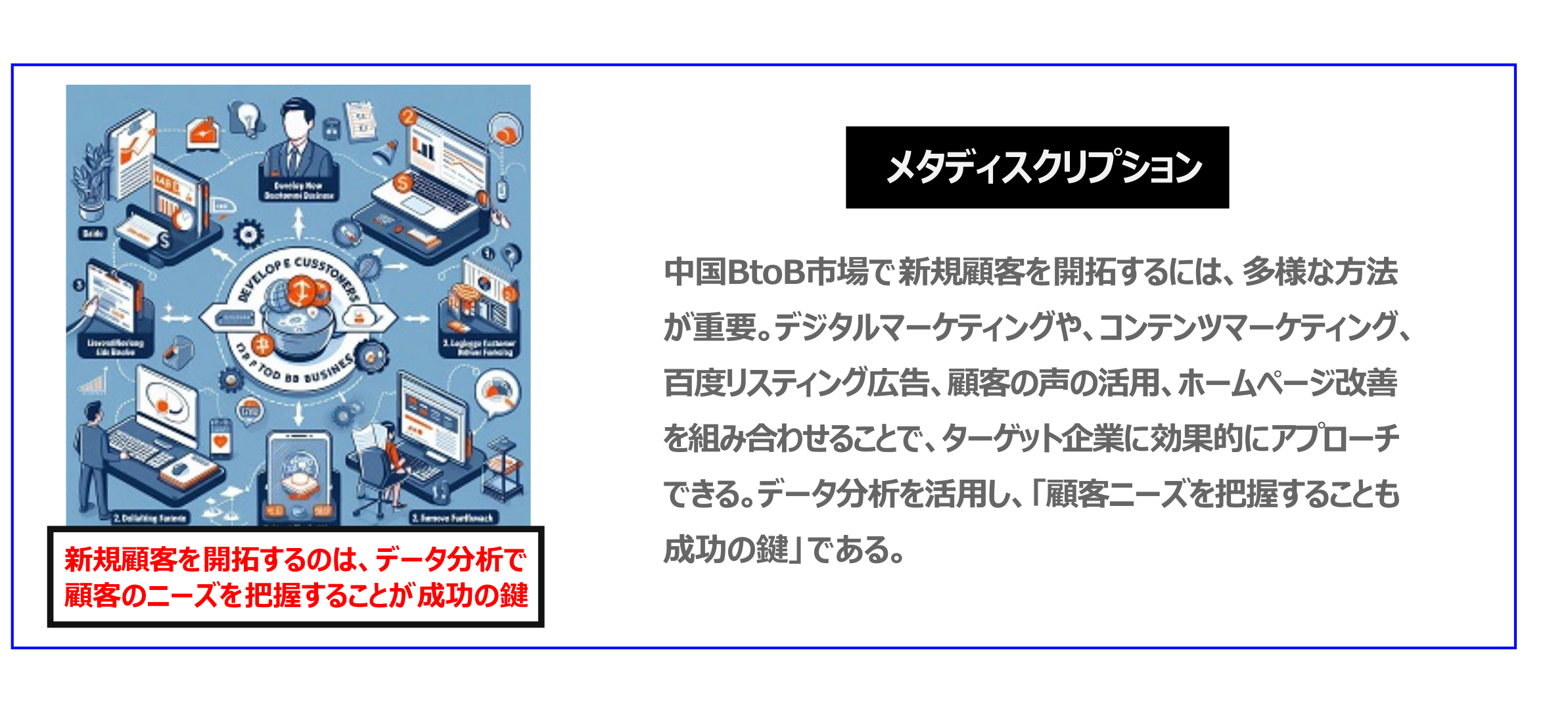 中国　ホームページ制作、中国　コンテンツマーケティング、中国　オウンドメディア。中国BtoB市場で新規顧客を開拓するには、多様な方法が重要。デジタルマーケティングや、コンテンツマーケティング、百度リスティング広告、顧客の声の活用、ホームページ改善を組み合わせることで、ターゲット企業に効果的にアプローチできる。データ分析を活用し、「顧客ニーズを把握することも成功の鍵」である。