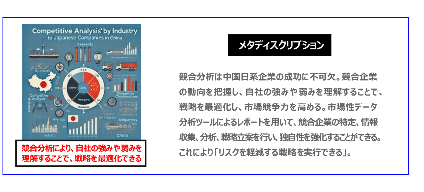 中国　ホームページ制作、中国　コンテンツマーケティング、中国　オウンドメディア。競合分析は中国日系企業の成功に不可欠。競合企業の動向を把握し、自社の強みや弱みを理解することで、戦略を最適化し、市場競争力を高める。市場性データ分析ツールを用いて、競合企業の特定、情報収集、分析、戦略立案を行い、独自性を強化することができる。これにより「リスクを軽減する戦略を実行できる」。
