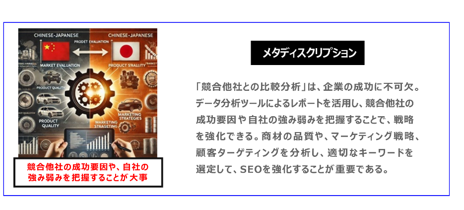 中国　ホームページ制作、中国　コンテンツマーケティング、中国　オウンドメディア。「競合他社との比較分析」は、企業の成功に不可欠。データ分析ツールによるレポートを活用し、競合他社の成功要因や自社の強み弱みを把握することで、戦略を強化できる。商材の品質や、マーケティング戦略、顧客ターゲティングを分析し、適切なキーワードを選定して、SEOを強化することが重要である。
