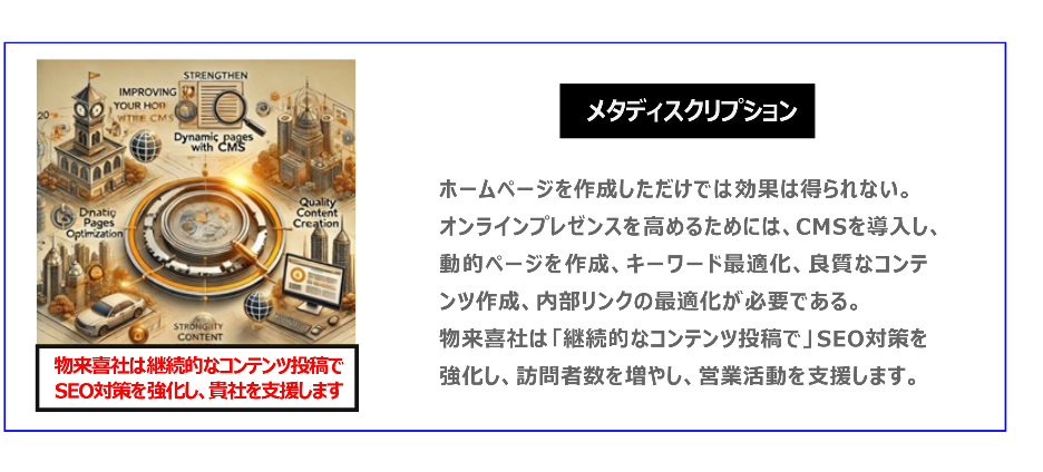 中国　ホームページ制作、中国　コンテンツマーケティング、中国　オウンドメディア。ホームページを作成しただけでは効果は得られない。オンラインプレゼンスを高めるためには、CMSを導入し、動的ページを作成、キーワード最適化、良質なコンテンツ作成、内部リンクの最適化が必要である。物来喜社は「継続的なコンテンツ投稿で」SEO対策を強化し、訪問者数を増やし、営業活動を支援する。